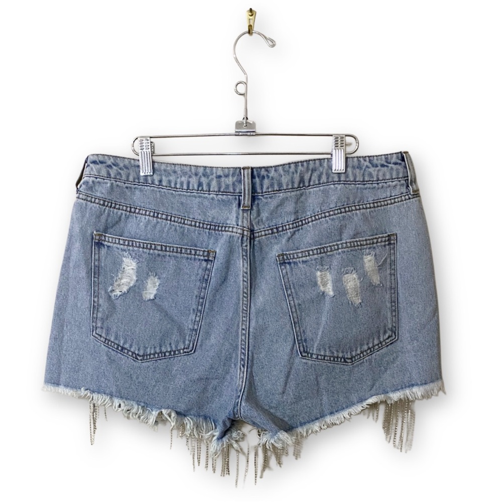 Fashion Nova Size XL Denim Came Through Dripping Rhinestone Denim Shorts - Picture 5 of 7